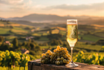 A glass of white wine with grapes with  vineyard landscape.