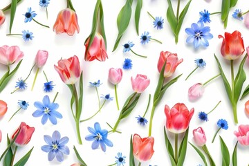 Socialist Floral Harmony Seamless Pattern of Tulips and Other Flowers on White Background