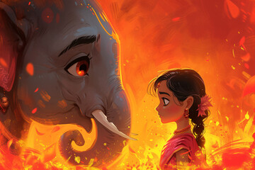 Beautiful indian girl with elephant on orange background. Lord Ganpati. Happy Ganesh Chaturthi. Holiday background for greeting card, banner, flyer, poster with copy space