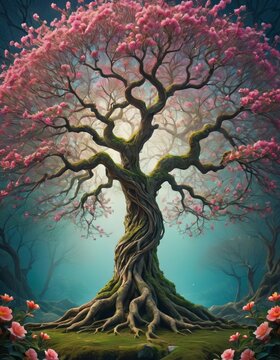 This captivating stock image shows an intricately twisted tree blooming with pink flowers in a surreal, misty forest, radiating a magical atmosphere