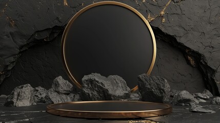 3D render of a showcase scene with an empty platform for product presentation against an abstract black background with rocky ground and golden frames