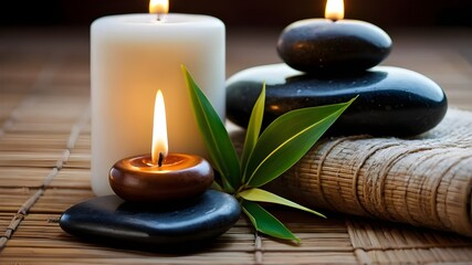 Bamboo leaves, a lit candle, and stacked stones create a still life spa scene.