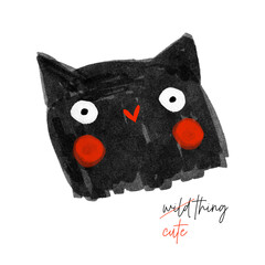 Wild Thing, Cute Thing. Funny Print with Black Cat on a White Background. Funny Kitty with Red Heart Shaped Nose. Black Hand Drawn Cat Head. Print for Cat Lovers. RGB. - 778930900