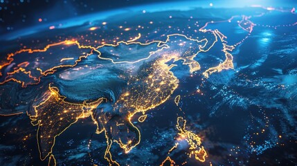 Virtual representation of the world with focus on China and global connections. - obrazy, fototapety, plakaty