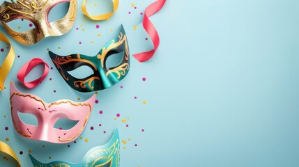 Purim Banner with Masks on Light Blue Background