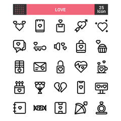 Collection of love icon lines. love, hearth, ring and arrow. simple outline illustration. 32x32 pixel perfect.