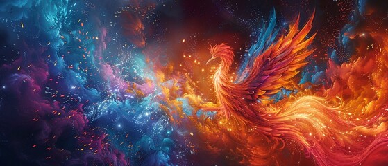 A scene of vibrant colors and swirling patterns, capturing the essence of a fiery phoenix rising from the ashes ,3DCG,clean sharp focus - obrazy, fototapety, plakaty