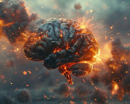 A surreal depiction of a brain exploding like a supernova, releasing a torrent of knowledge and creativity into the universe ,3DCG,clean sharp focus