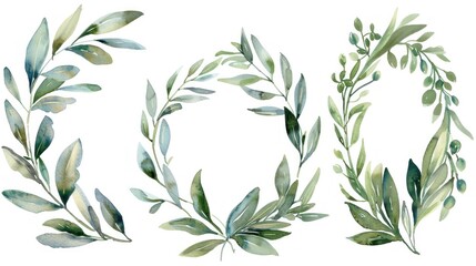 Watercolor set of frames and olive branch wreaths