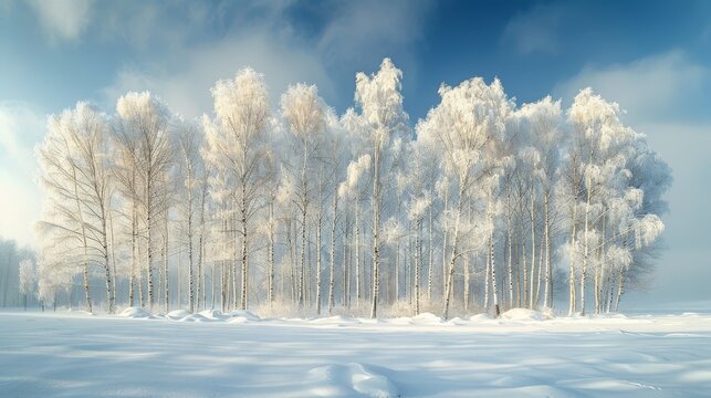   A cluster of trees amidst snowfall on the ground, beneath a clear blue sky dotted with clouds