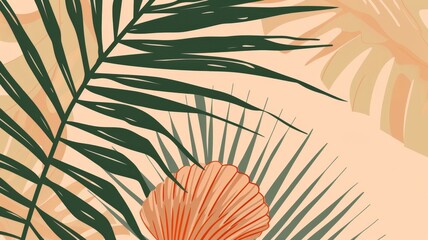 Vector art minimalistic poster of a Seashell framed by palm fronds, closeup, lineart, geometric abstract shapes