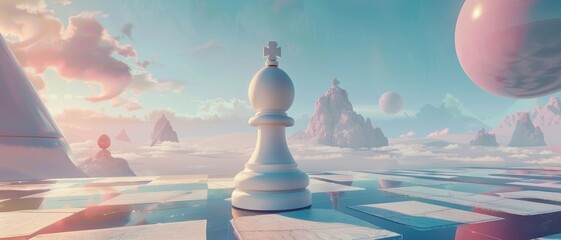 Chess tombstone standing proudly on a minimalist board, surrounded by a futuristic pastel...
