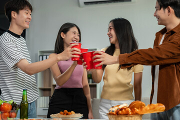 drinks and conversation, social gathering and get together. Young people, group and happiness at...