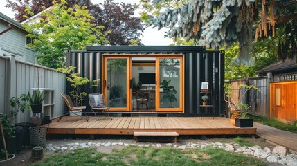 A small shipping container home in the backyard with large sliding doors and a wooden deck. With black metal cladding, the room is an office space for working from home