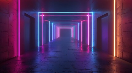 In an empty dark room with colorful neon lights, a 3D render shows an abstract background with neon lights