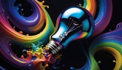 A vibrant concept image with a lightbulb amidst a dynamic explosion of colorful paint splashes, symbolizing creativity and inspiration.
