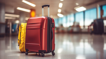 Selective focus at red and yellow luggages in airport terminal. Travel and holiday concept.