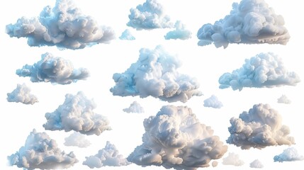A 3d rendering of an abstract set of cumulus clouds, isolated on a white background, featuring design elements