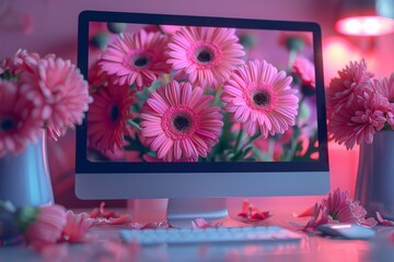 In the future desktop computers will be adorned with beautiful flowers bringing a touch of nature to our workspaces, Generated by AI