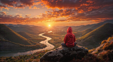 Man meditating on the background of sunset and river - obrazy, fototapety, plakaty