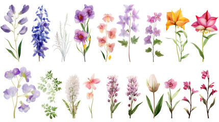 Set of watercolor wildflowers painting isolated on clear png background and transparent background. Fresh and nature concept for nature decorative and flower element, AI generative.	