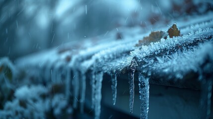   A bench frosted in ice and icicles on a chilly winter afternoon in the park as snowflakes descend from above - obrazy, fototapety, plakaty