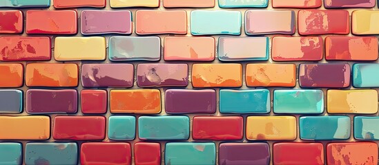 A detailed shot of a vibrant brick wall featuring varying shades of pink, violet, and magenta rectangular bricks, showcasing a beautiful display of art in brickwork