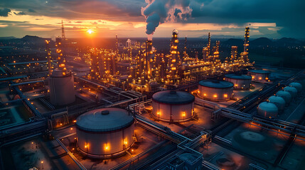 Aerial view of oil refinery at sunset - obrazy, fototapety, plakaty