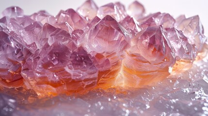   A cluster of pink gems resting atop a table alongside an assortment of orange and pink stones on another table