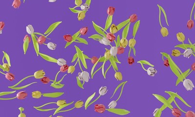 Pink, white and yellow tulip with green leaves falling. 3d rendering