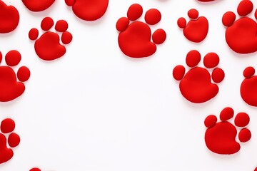 Red paw prints on a background, minimalist backdrop pattern with copy space for design or photo, animal pet cute surface 