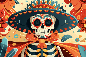 Cinco de Mayo abstract illustration concept of Mexican holiday tradition, skeleton sombrero with colorful elements around.