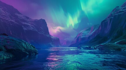 In this 3D rendering, we see the northern lights above the fjords and a terrain landscape with water and rocky mountains under a colorful sky. A fantasy wallpaper with a seascape can be seen at the - obrazy, fototapety, plakaty