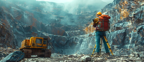 Engineer, mechanic, foreman, operator working in industry, construction, civil, mine., worker in yellow helmet on construction site