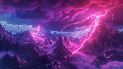Rendered 3D scene with glowing lightning symbol and rocky mountains on an abstract neon background