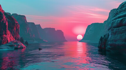 A 3D render of a surreal futuristic landscape with calm water, cliffs, rocks, mountains and dramatic red blue skies.