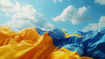 In this 3D render, there is a silky blue-yellow Ukrainian flag waving in the air above blue sky with white clouds which is surrounded by an abstract patriotic background - obrazy, fototapety, plakaty