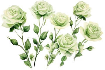 Green roses watercolor clipart on white background, defined edges floral flower pattern background with copy space for design text or photo backdrop minimalistic 