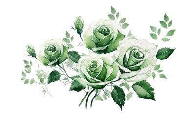 Green roses watercolor clipart on white background, defined edges floral flower pattern background with copy space for design text or photo backdrop minimalistic  - obrazy, fototapety, plakaty