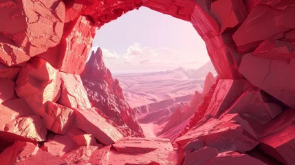 Papier Peint photo autocollant Bordeaux Abstract background with a surreal landscape. Geometric hexagonal portal and red rocky mountains. This is an amazing wallpaper.