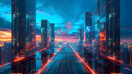 Obraz premium Nighttime Urban Glow: A Vibrant Cityscape with Glowing Lights, Towering Skyscrapers, and Busy Streets