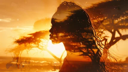 Foto op Canvas An enchanting double exposure of an African woman with long hair standing on a beach at sunset, and a beautiful African landscape with trees and ocean in the background © CgDesign4U