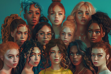 illustration of Girl Power. Multi-ethnic group of beautiful women, 3D render, 3DCG, super detailed