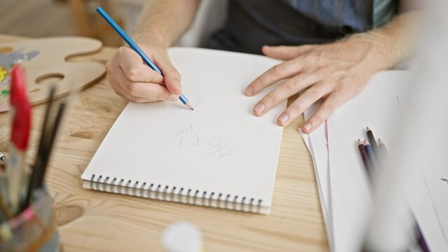 A focused caucasian man with a beard drawing on paper in an art studio, showcasing creativity and concentration.