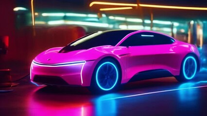 Neon pink car at night, futuristic urban glow
