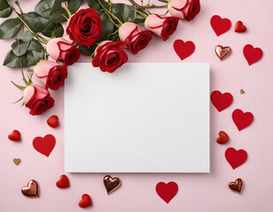 A white sheet of paper lies on a pink surface surrounded by hearts and delicate rosebuds. Hearts and roses create a romantic atmosphere around the paper.
