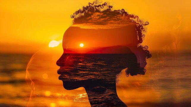 An enchanting double exposure portrait of the model with an African woman, showcasing her silhouette against the backdrop of sunset over a serene beach scene