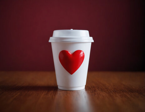 A white coffee cup with a bright red heart painted on its side. The cup stands on a wooden table against a simple background. 