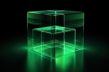 Green glass cube abstract 3d render, on black background with copy space minimalism design for text or photo backdrop 