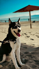 Black and white Husky with blue eyes sitting on a sandy beach with his tongue out with  a background of blue sky and blue ocean on a sunny summer day 